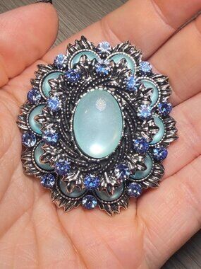Glass Cabochon Brooch Layered Vintage Blue Rhinestone Silver Tone Floral 2.15 In